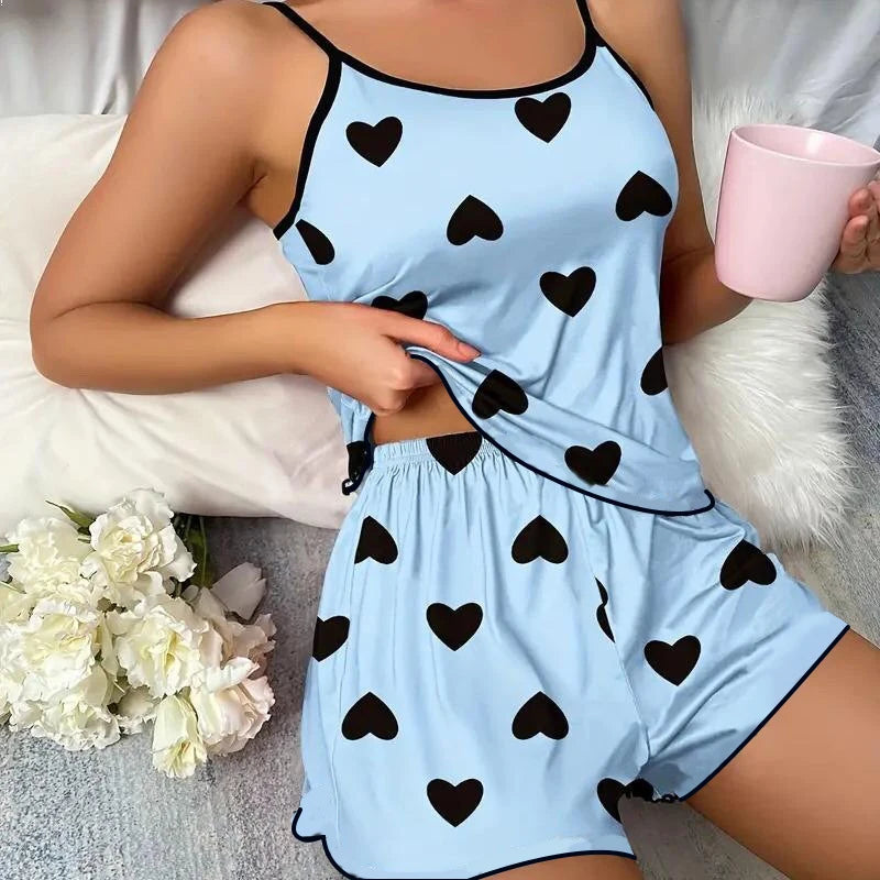 Women’s Pink Heart Print Pajama Set T Shirt & Shorts