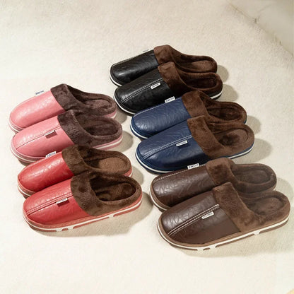 Plus Size PU Leather Fur Lined Winter Slippers for Men & Women