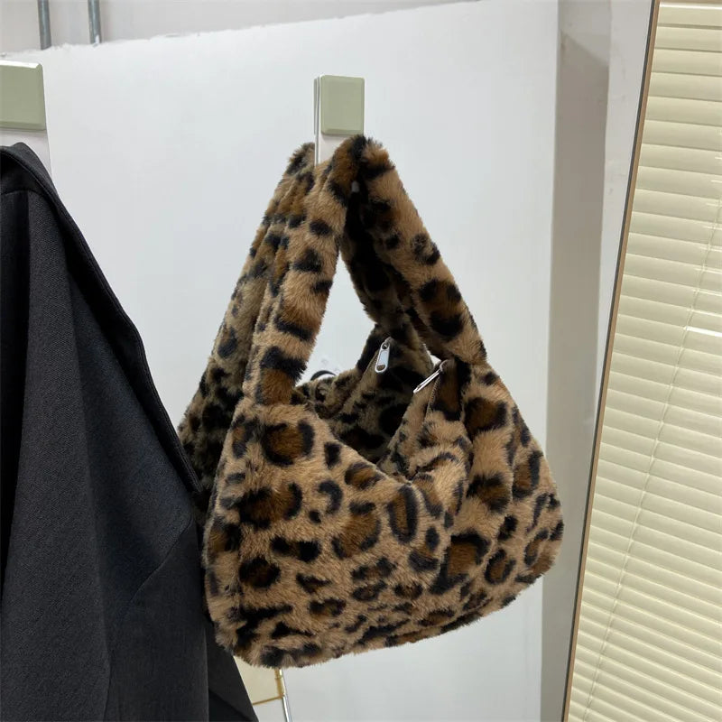 Leopard Print Plush Shoulder Tote Bag for Women Lipstick & Key Bag