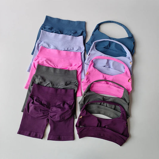 Women's Halter Sports Bra and High Waist Yoga Shorts Set