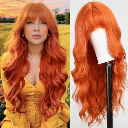 Women's Wine Red Long Curly Synthetic Wig with Bangs
