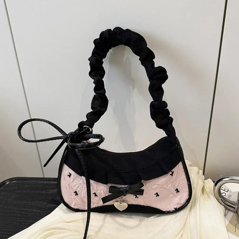 Women’s Grid Lace Ribbon Shoulder Bag Stretchable Strap Handbag