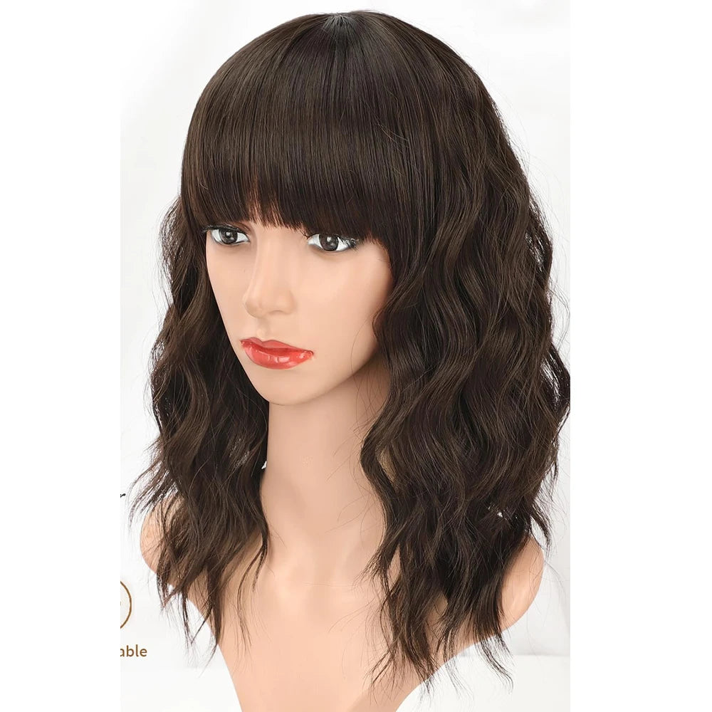 Natural Brown Curly Bob Wig with Bangs