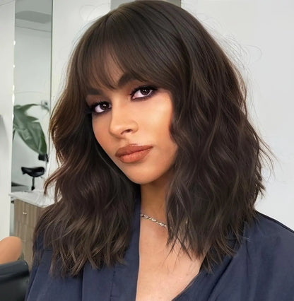 Natural Brown Curly Bob Wig with Bangs