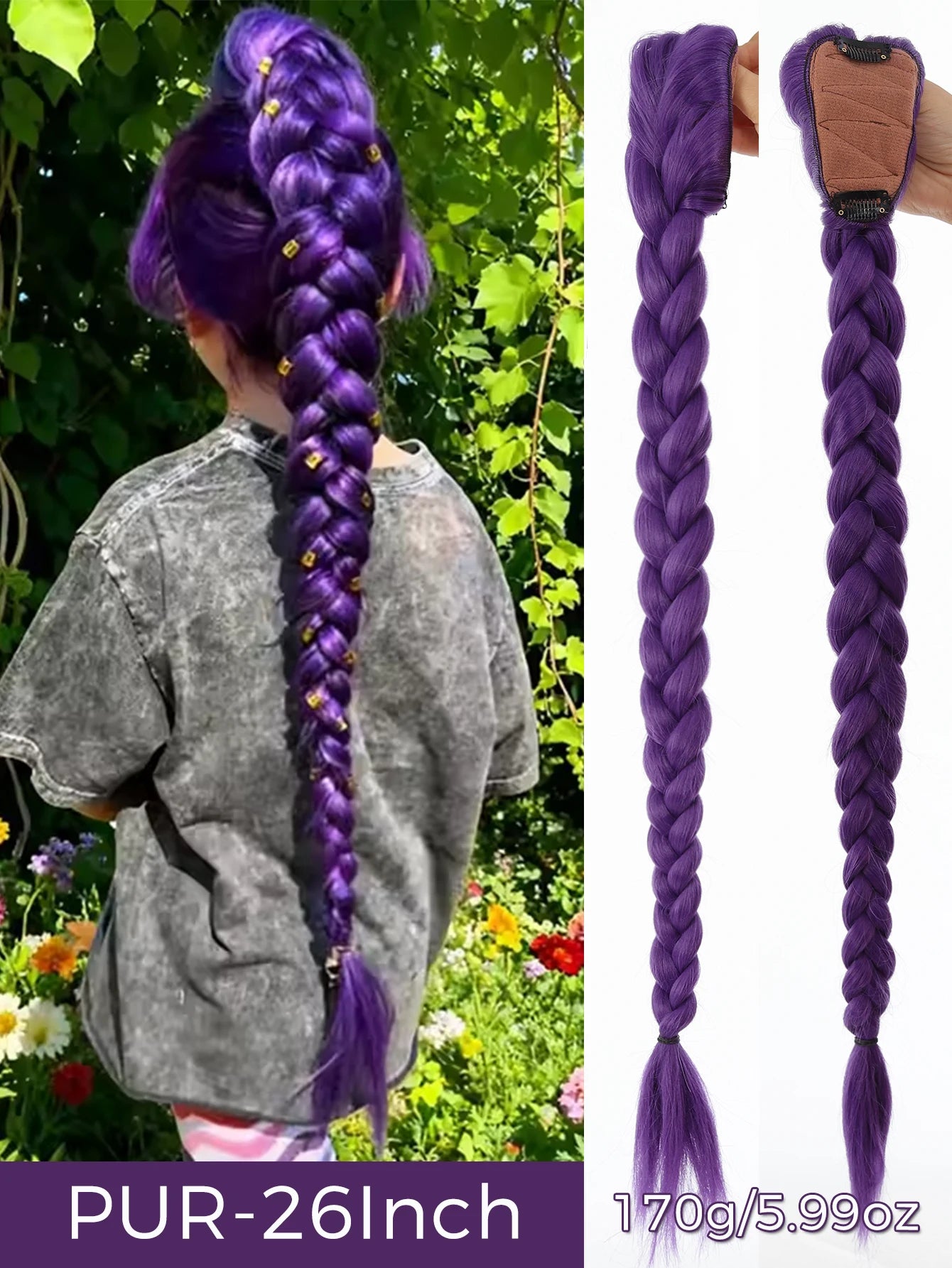 32 Inch Purple Braided Ponytail Hair Extension with Tinsel
