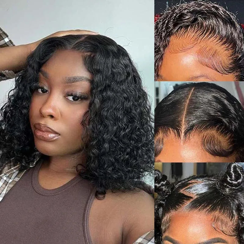 Women's 16 Inch Water Wave Bob Human Hair Lace Front Wig