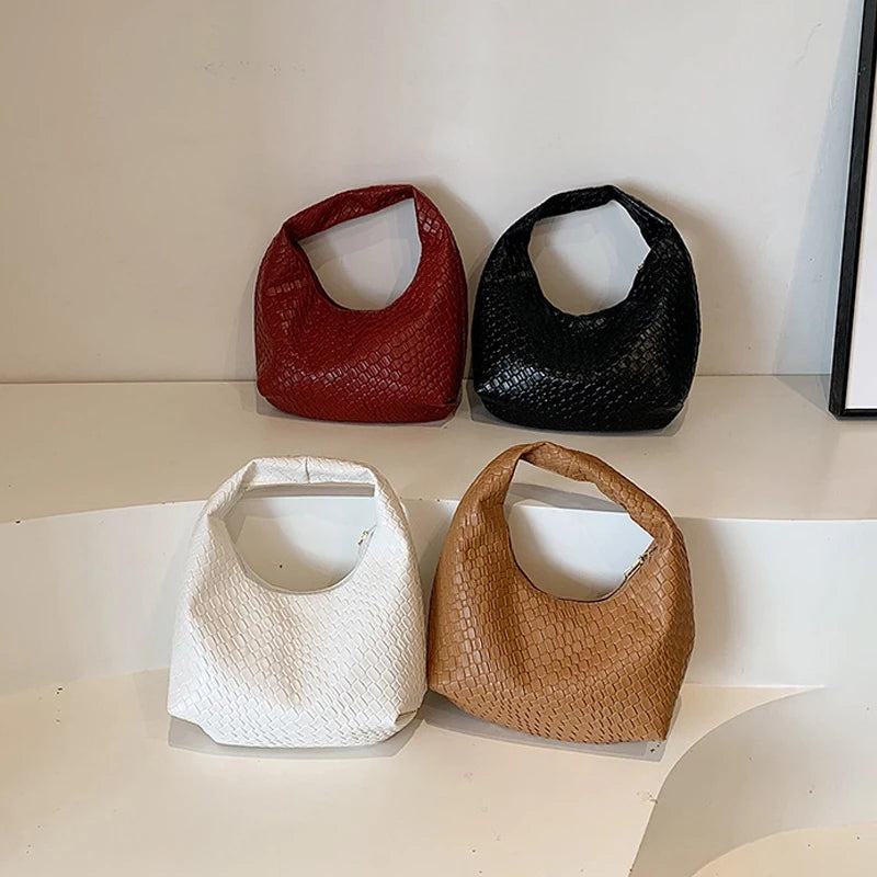 Women’s Woven Embossed PU Leather Hobo Shoulder Bag with Top Handle