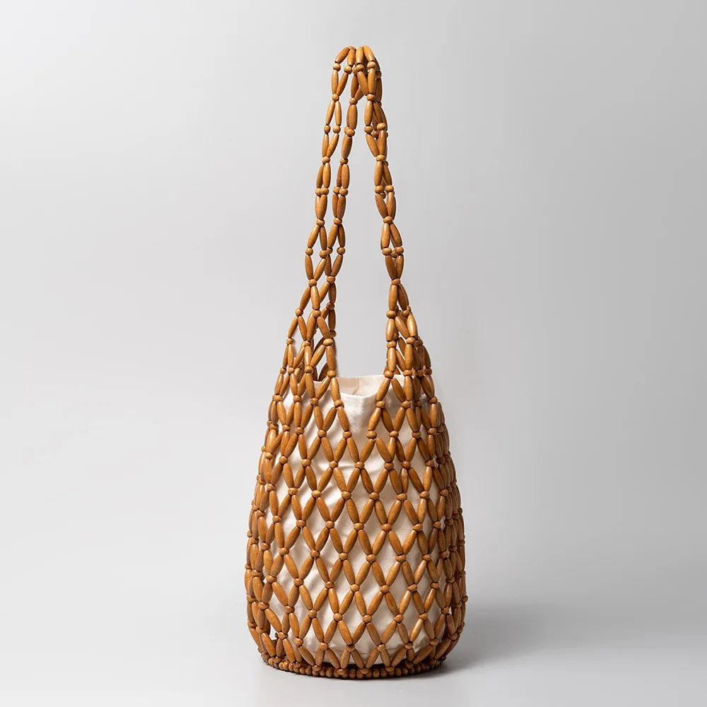 Women’s Woven Wooden Bead Bucket Tote Shoulder Bag Handmade Style