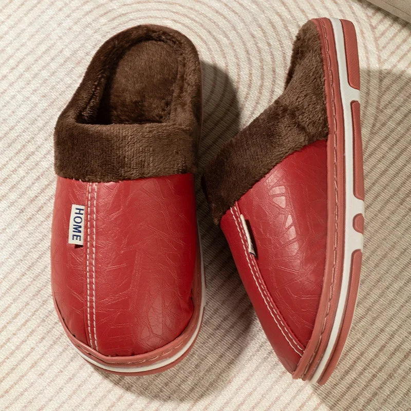 Plus Size PU Leather Fur Lined Winter Slippers for Men & Women