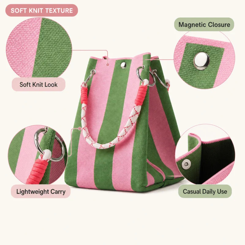 Mini Knit Striped Bucket Tote Bag for Women Summer Handbag