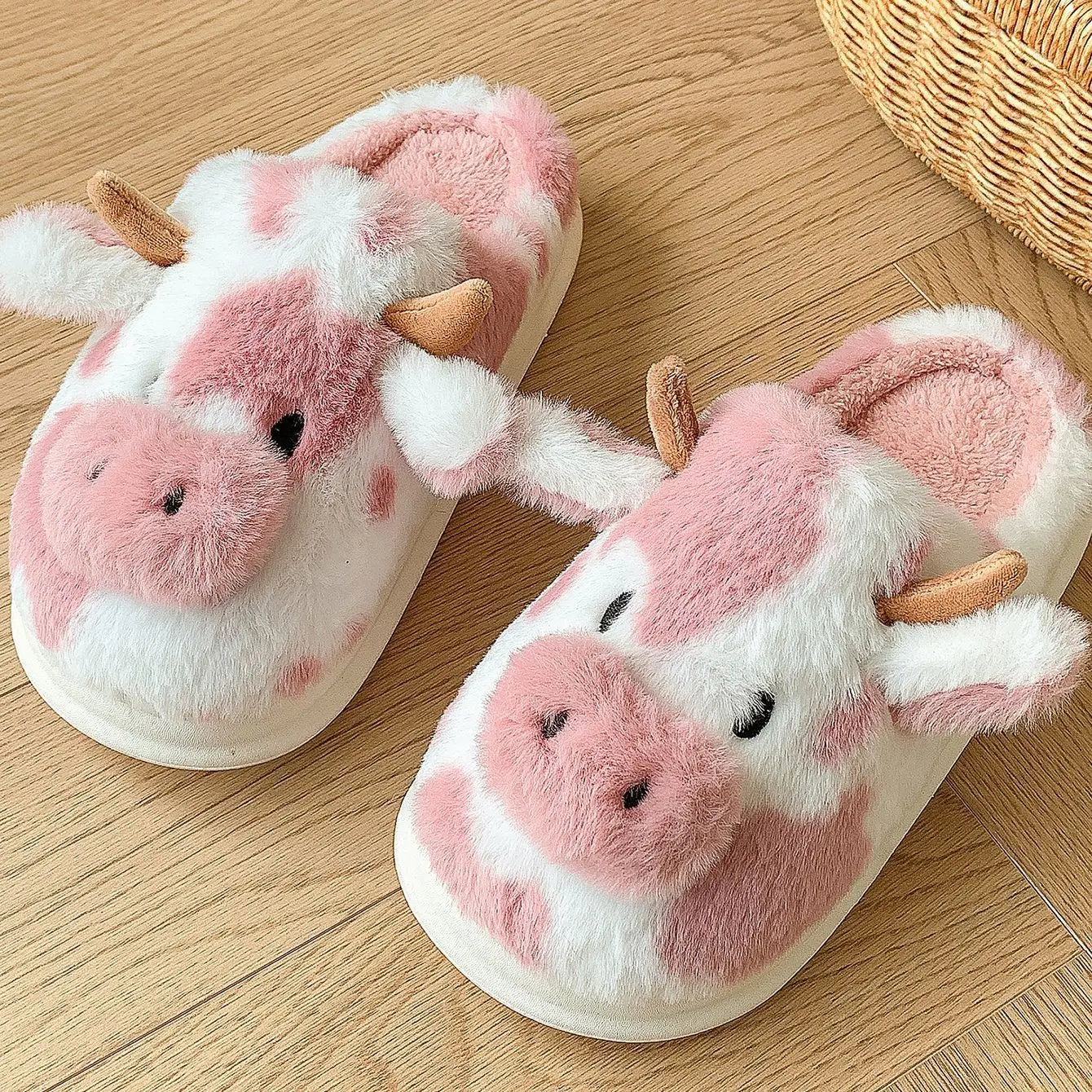 Cute Cartoon Cow Plush Platform Slippers for Women Winter Home Shoes