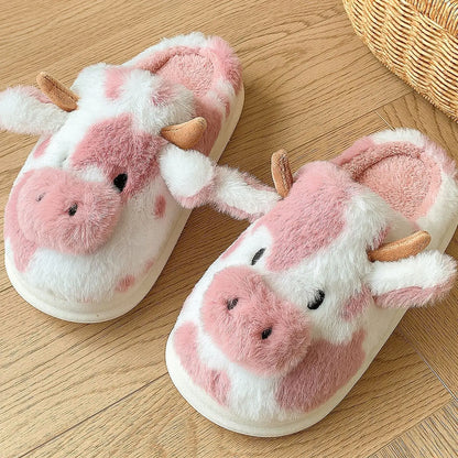 Cute Cartoon Cow Plush Platform Slippers for Women Winter Home Shoes