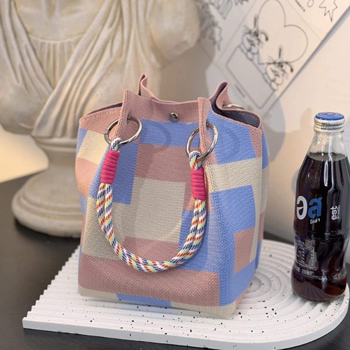 Multicolor Knitted Retro Bucket Bag Women’s Shoulder Handbag