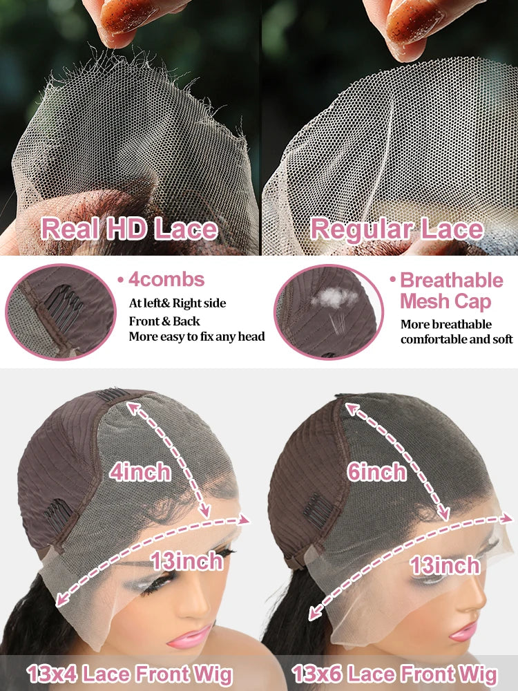 Women's 40 to 50 Inch 300% Density Deep Wave HD Lace Front Human Hair Wig