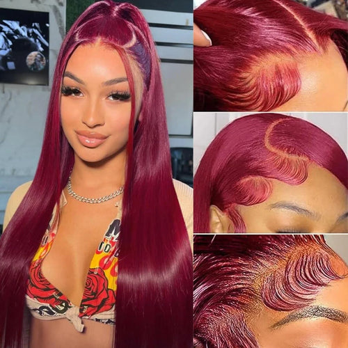 Women's 32 to 36 Inch 99J Burgundy Straight HD Lace Front Human Hair Wig