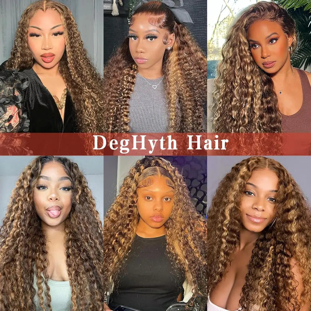 Women's 28 Inch Honey Blonde Highlight Deep Wave Human Hair Lace Front Wig