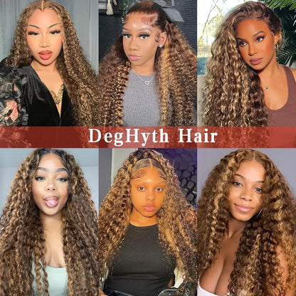 Women's 28 Inch Honey Blonde Highlight Deep Wave Human Hair Lace Front Wig