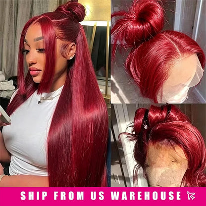 Women's 32 to 36 Inch 99J Burgundy Straight HD Lace Front Human Hair Wig