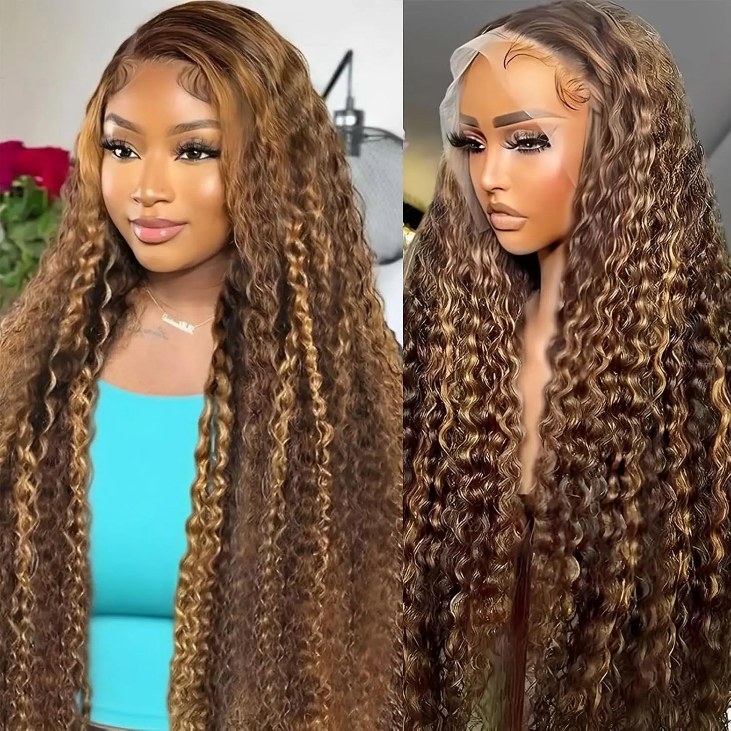 Women's 28 Inch Honey Blonde Highlight Deep Wave Human Hair Lace Front Wig
