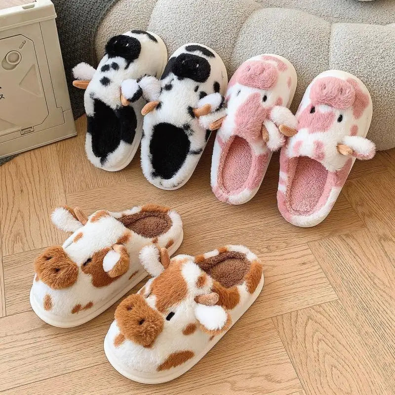 Cute Cartoon Cow Plush Platform Slippers for Women Winter Home Shoes