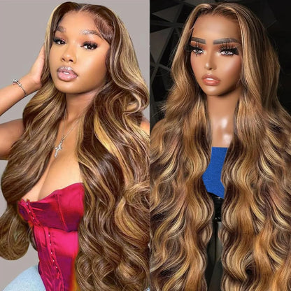 Women's 28 Inch Honey Blonde Highlight Deep Wave Human Hair Lace Front Wig