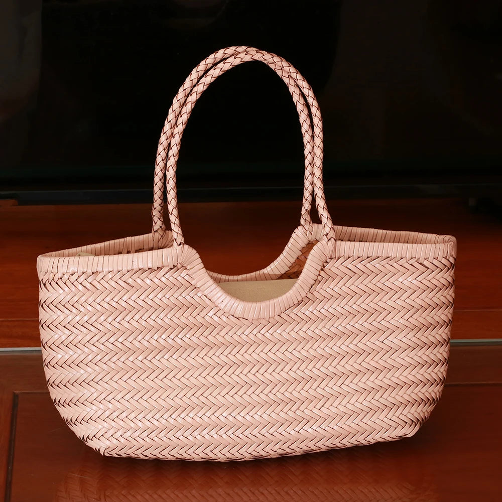 Genuine Leather Woven Shoulder Tote Bag for Women