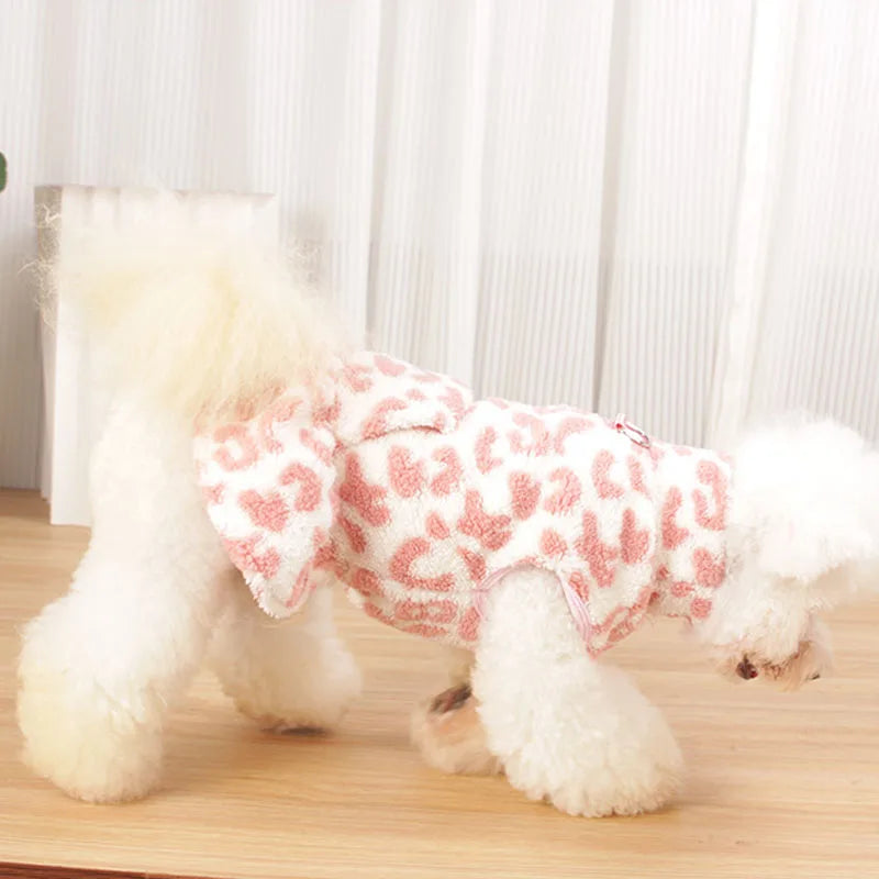 Leopard Fleece Dog Dress Hoodie for Small Dogs Winter Pet Clothing