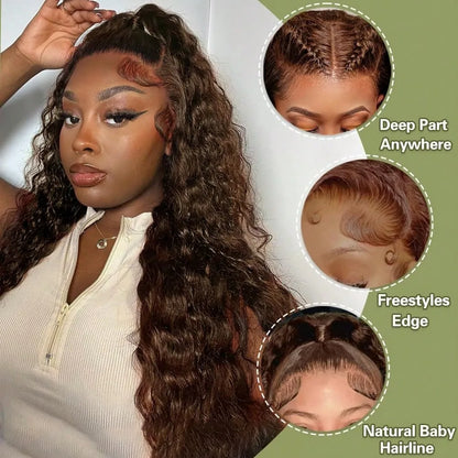 Women's Chocolate Brown Deep Wave Human Hair Lace Front Wig