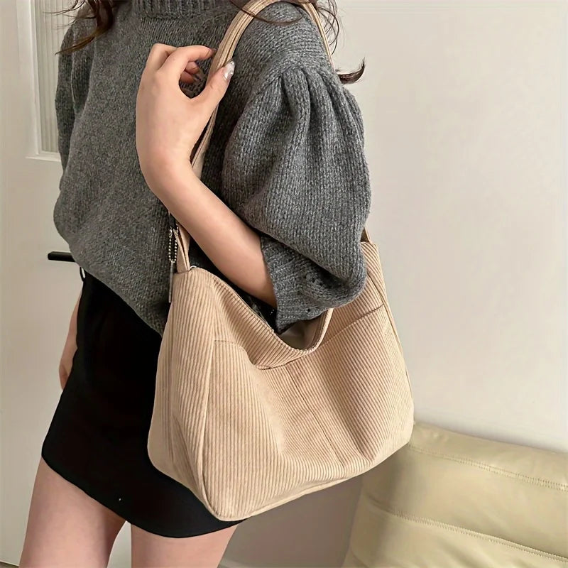 Women’s Corduroy Striped Tote Bag with Zipper Large Capacity Handbag