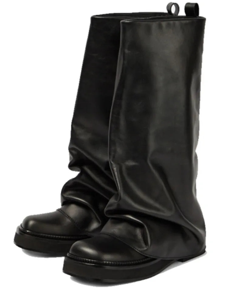 Women's Thick Sole Square Toe Pleated Knee High Boots