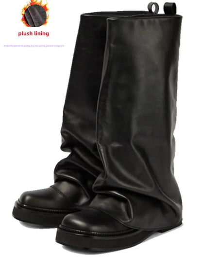 Women's Thick Sole Square Toe Pleated Knee High Boots