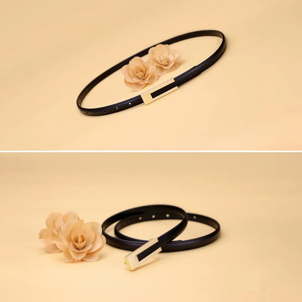 Women’s PU Leather Slim Waist Belt with Metal Buckle
