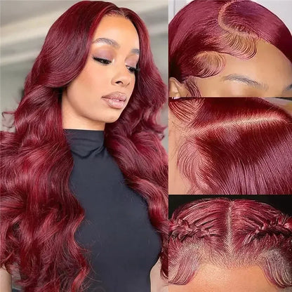 Women's 30 Inch 99J Burgundy Body Wave Human Hair Lace Front Wig