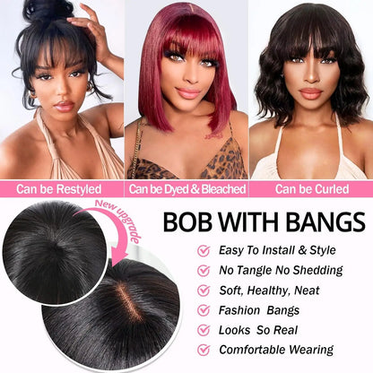 Women's 8 to 14 Inch Straight Bob Human Hair Wig with Bangs